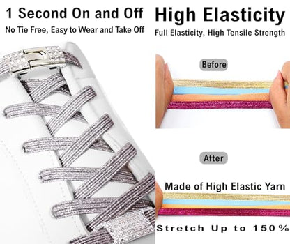 Elastic No Tie Shoe Laces with Bling Diamond Locks & Charms for Women's Sneakers - color: 04 Glitter Silver