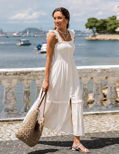 Women Summer Casual Midi Dress Square Neck Button Down Smocked Ruffle Strap Flowy Split Beach Sundress Pockets - color: White, size: Medium