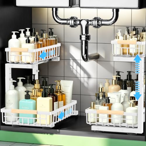 Under Sink Organizer 2 Pack, Double Slide Out Metal Shelf, White - color: White