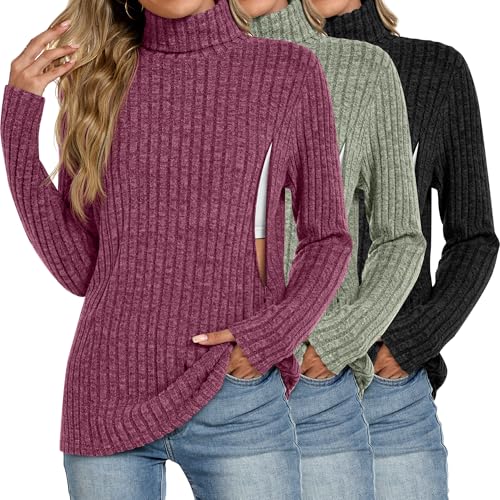 3 Pack Womens Turtleneck Nursing Tops Ribbed Sweaters - color: Wine Red, Gray Green, Black, size: Medium
