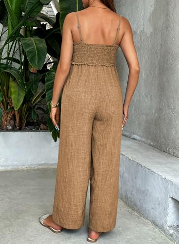 BLENCOT Women's Smocked Maternity Jumpsuit Loose Overalls - color: Khaki, size: Large