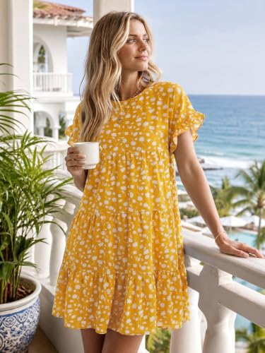 Womens Babydoll Dress Summer Boho Print Ruffles Loose Flowy Mini Dress - color: Ginger, size: Medium