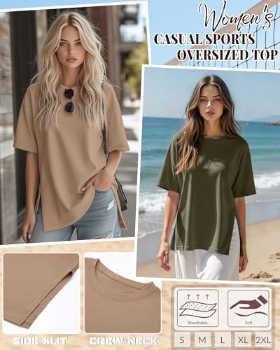Huukeay 3 Pack Women's Oversized T Shirts Workout Tops - color: Black, Army Green, Coffee, size: Large