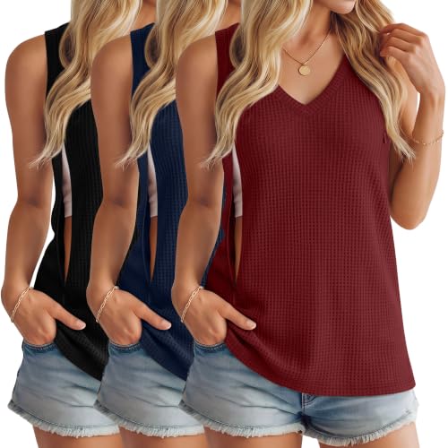 3 Pack Women's Waffle Nursing Tank Tops - color: Black, Navy Blue, Wine Red, size: Large