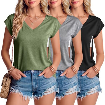 3 Pack Womens Nursing Tops V Neck - color: Army Green, Gray, Black, size: Medium