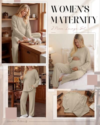 Huukeay Women's Maternity 2 Piece Waffle Outfits Lounge Set - color: Apricot, size: Medium