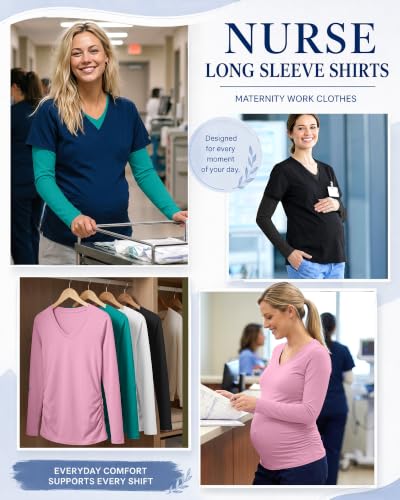 Neer 4 Pack Maternity Long Sleeve V Neck Under Scrub Tops - color: Black, White, Lake Green, Light Pink, size: Small