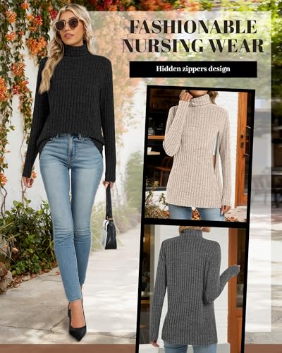 3 Pack Womens Turtleneck Nursing Tops Ribbed Sweaters - color: Dark Gray, Apricot, Black, size: Large