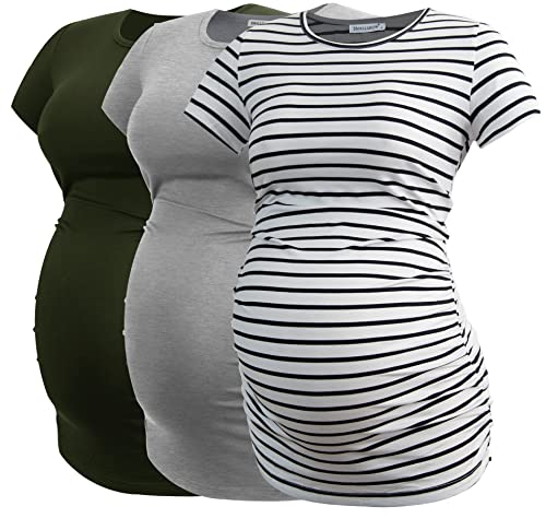 Smallshow Women's Side Ruched Tunic Maternity Shirts 3 Packs - color: Army Green-white Stripe-grey(3 Pack), size: Medium