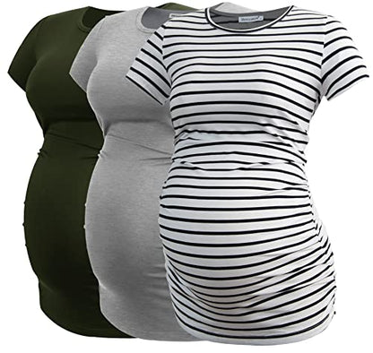 Smallshow Women's Side Ruched Tunic Maternity Shirts 3 Packs - color: Army Green-white Stripe-grey(3 Pack), size: Medium