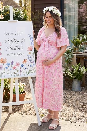OUGES Women's V Neck Maternity Dress Baby Shower Midi Dresses with Pockets - color: Apricot Pink Floral, size: Large