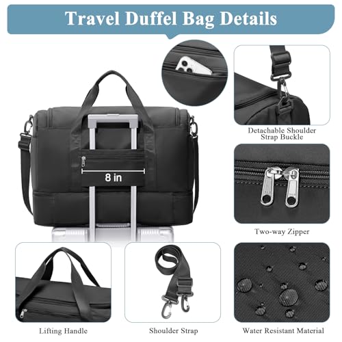 Travel Duffel Bag,Carry-On Overnight Weekender Bags with Shoes Compartment - color: Black, size: Small