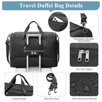 Travel Duffel Bag,Carry-On Overnight Weekender Bags with Shoes Compartment - color: Black, size: Small