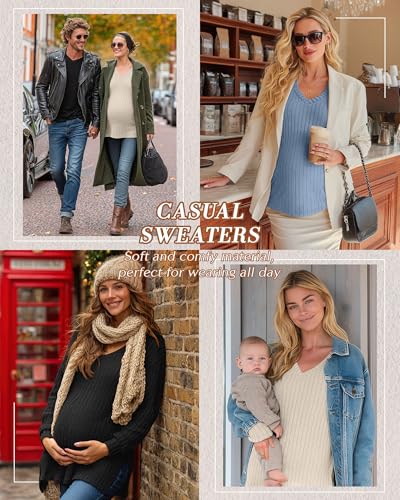 3 Pack Women Ribbed Maternity Sweaters Winter Clothes - color: Blue, Apricot, Black, size: Medium