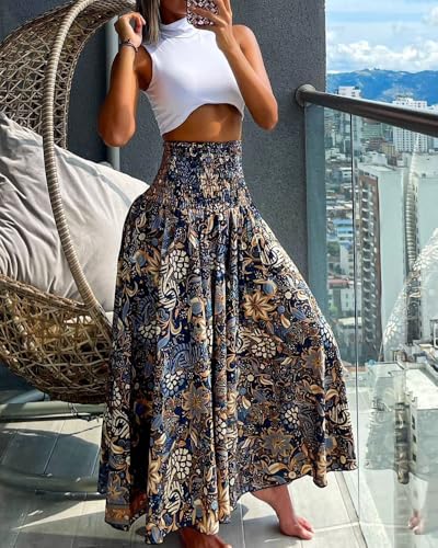 CHICME Womens Boho High Waisted Wide Leg Palazzo Pants Beach Vacation Wear - color: A-blue, size: Small