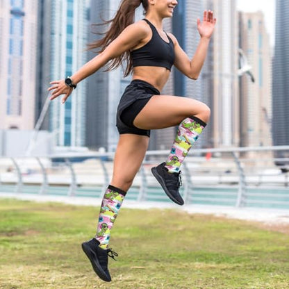 bassyil Compression Socks for Women & Men Circulation 15-20 mmHg Knee High Best Support for Nurses Travel Running Athletic - color: Dinosaur Skateboard