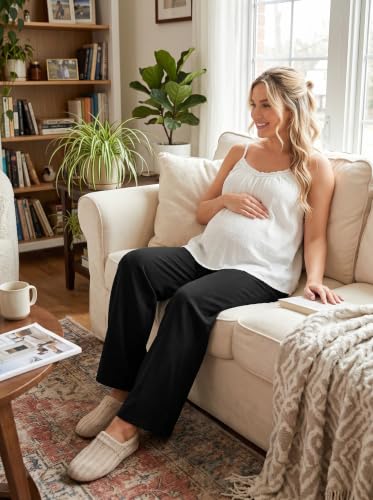 BLENCOT Maternity Pants Wide Leg High Waisted Flowy Pregnancy with Pockets - color: Black, size: Medium