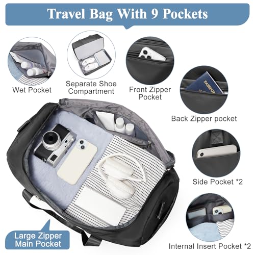 Travel Duffel Bag,Carry-On Overnight Weekender Bags with Shoes Compartment - color: Black, size: Small