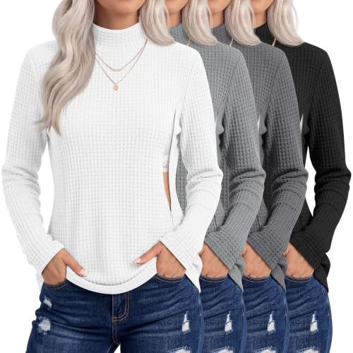 Huukeay 4 Pack Women's Long Sleeve Waffle Nursing Shirts - color: White, Light Gray, Dark Gray, Black, size: Large