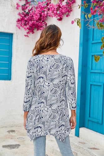 ENMAIN Women's Tops Plus Size Tunic Tops 3/4 Sleeve Flare Hem Paisley Print Loose Fit Casual Blouse to Wear with Leggings - color: A6-white Blue, size: Small