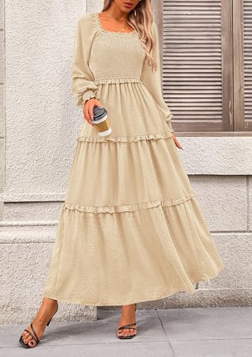 PRETTYGARDEN Women's Smocked Long Sleeve Maxi Dress Wedding Guest Dresses - color: Beige, size: Medium