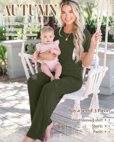 3 Piece Maternity Nursing Pajamas Set - color: Army Green, size: Small