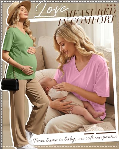 4 Pack Women's Oversize Nursing Tops - color: Light Blue, Pink, Light Green, Yellow, size: Small