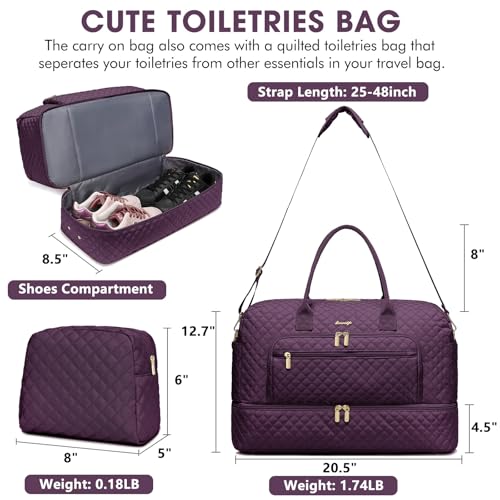 Travel Duffle Bag Weekender for Women - Carry-On Overnight Bag Personal Item Bag with Shoe Compartment & Wet Pocket Large Weekend Tote Bags with Toiletry Bag Hospital Bags for Labor and Delivery - color: Dark Purple