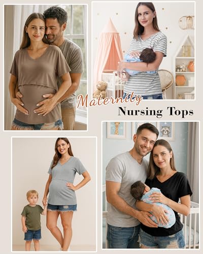 Rnxrbb 4 Pack Nursing Tops for Women Postpartum Breastfeeding Shirts - color: Black&light Gray&brown&gray Stripe, size: X-Large