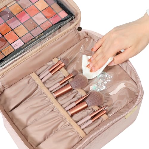 NISHEL Large Makeup Bag Organizer, Double Layer Cosmetic Travel Case - color: Pink, size: Large