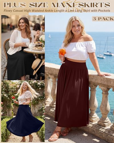 3 Pack Women's Plus Size Maxi Skirts - color: Black, Navy Blue, Burgundy, size: 5X-Large
