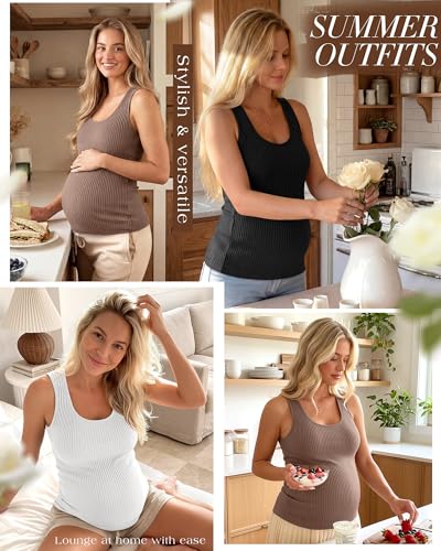 Ficerd 3 Pack Women's Maternity Ribbed Tank Tops - color: Coffee, White, Black, size: XX-Large