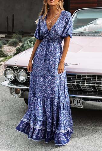 R.Vivimos Womens Summer V Neck Floral Print Boho Midi Dress - color: Blue, size: X-Large