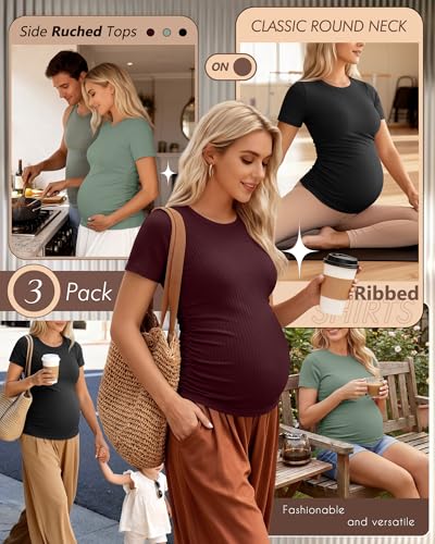 Ficerd 3 Pack Women's Short Sleeve Maternity Shirts - color: Black, Light Green, Dark Red, size: X-Large