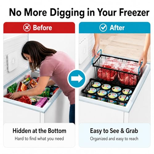 iSPECLE Deep Freezer Organizer Bins - Storage Baskets for 5-7 Cu.Ft, 6 Pack - color: 6-Pack Black (2 Columns)