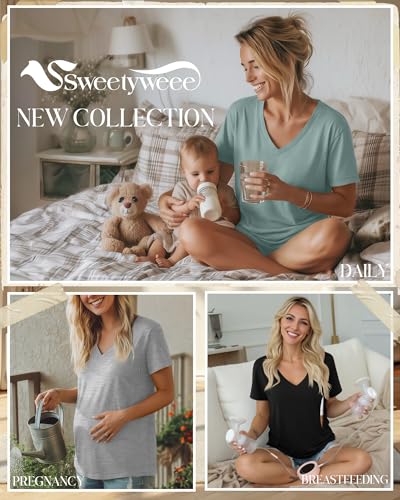 3 Pack Women's Nursing Tops Breastfeeding Shirts - color: Black, Light Gray, Gray Green, size: Medium