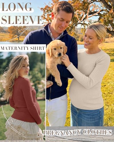 4 Pack Womens Ribbed Maternity Shirts Slim Fit Tops - color: Brick Red, Emerald Green, Apricot, Black, size: Large
