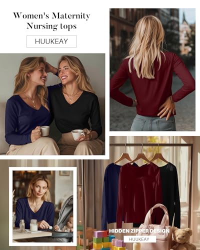 Huukeay 3 Pack Maternity Nursing Tops Breastfeeding Shirts - color: Black, Navy Blue, Wine Red, size: Large
