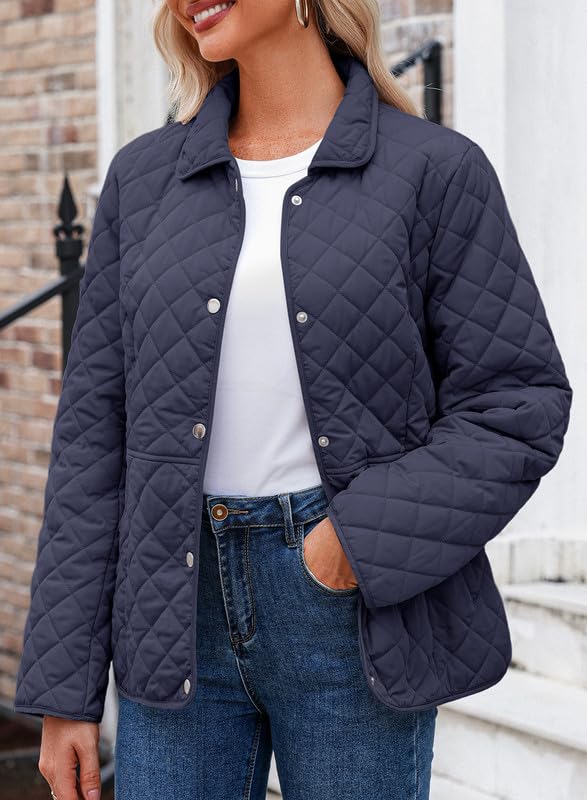 Dokotoo Women's Winter Quilted Jackets Long Sleeve Button Down Diamond Puffer Jacket Outerwear Coats with Pockets - color: Blue, size: Medium