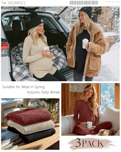 3 Pack Maternity Shirts Pregnancy Sweaters Tunic Tops - color: Brick Red, Apricot, Black, size: Medium
