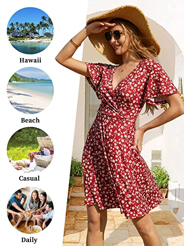 FENSACE Women Sundress Summer Wrap V Neck Flowy Midi Dress - color: Red, size: Medium