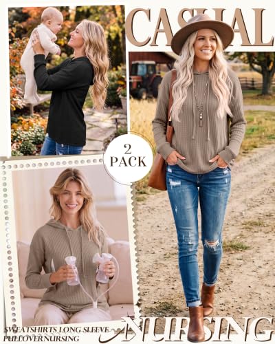 Ficerd 2 Pack Women's Nursing Waffle Hoodies Breastfeeding Tops - color: Coffee, Black, size: Medium