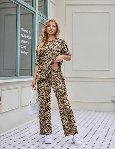 Ekouaer Women's Lounge Sets Short Sleeve Top Long Pants 2 Piece Outfit Set - color: Black&leopard, size: Medium