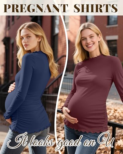 4 Pack Women Maternity Side Ruched Long Sleeve Shirts - color: Wine Red, Navy Blue, White, Black, size: Large