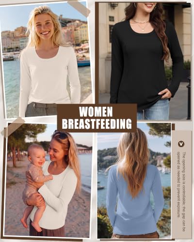 3 Pack Women's Long Sleeve Nursing Tops - color: Light Gray Blue, Cream, Black, size: Small