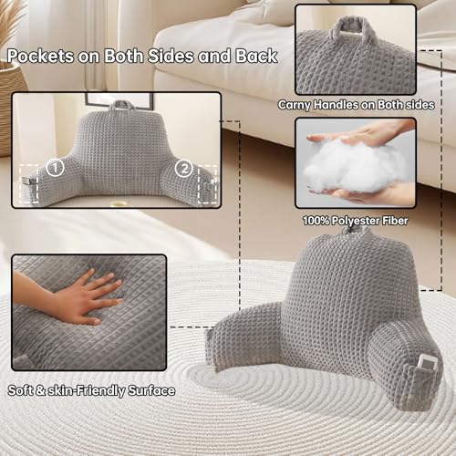 Reading Pillow with Arms for Sitting in Bed,Backrest,Gray Flannel,M - color: Grey, size: Standard(17")