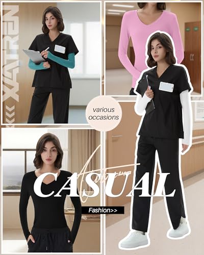Xaatren 4 Pack Women's Under Scrubs Long Sleeve Shirts - color: Black, White, Lake Green, Pink, size: Large
