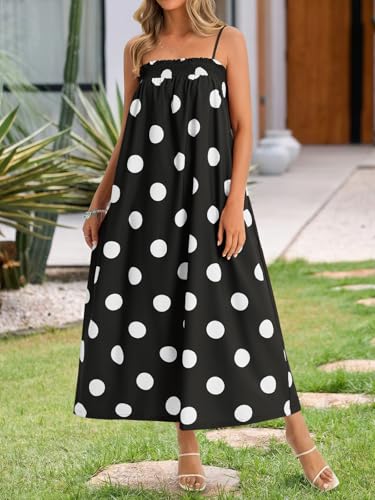 Wenrine Womens Polka Dot Maxi Dress Spaghetti Strap Long Summer Dresses - color: Black, size: Medium