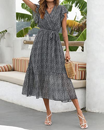 BTFBM Women Summer Casual Wrap V Neck Ruffle Cap Sleeve Belted Midi Dress - color: Black, size: X-Large