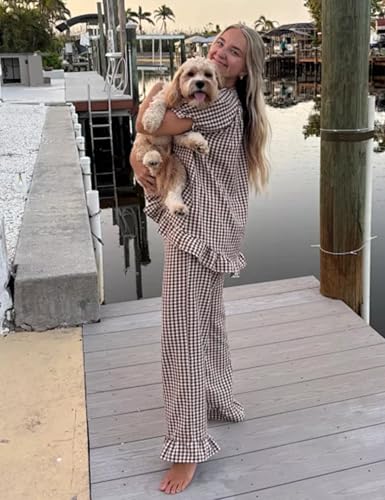 COZYPOIN 100% Cotton Pajamas for Women Set Cute Gingham Lounge Set - color: Coffee, size: XX-Large